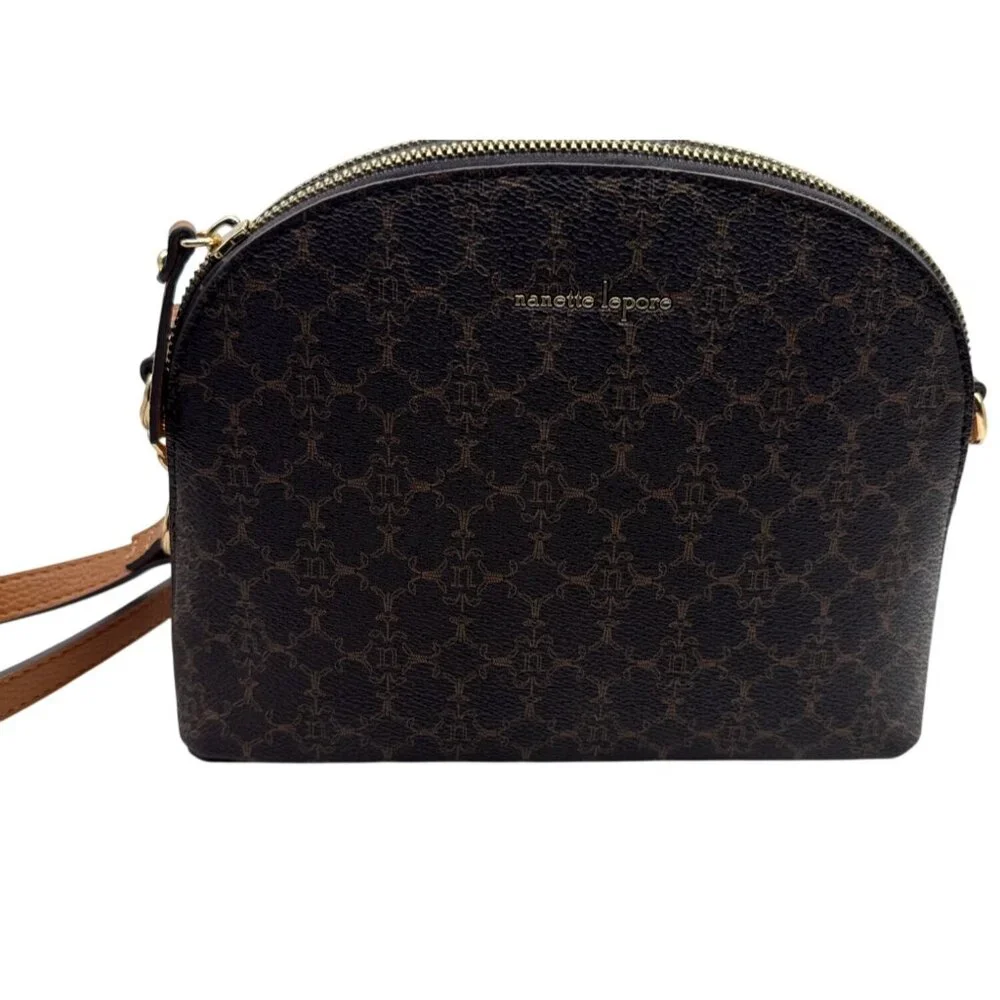 Nanette Lepore Brown Patterned Crossbody Bag Adjustable Strap Gold Hardware